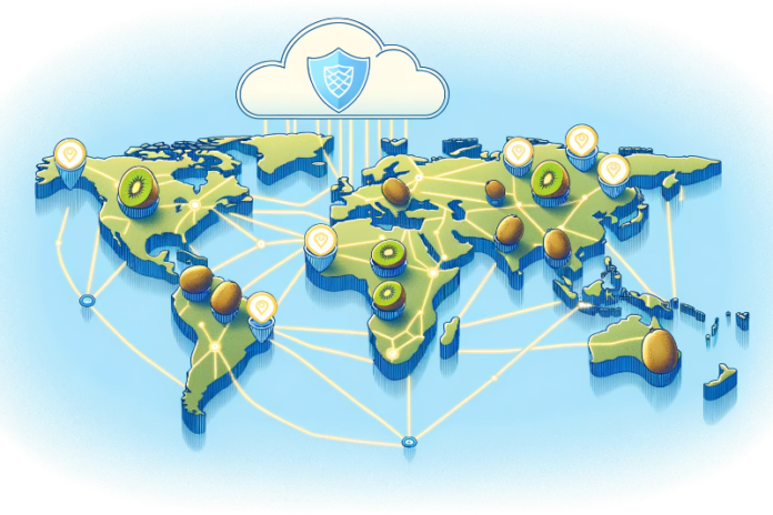 Illustration of global network_ A detailed world map in soft blue tones highlighting Zespri's 26 office locations with interconnected golden lines.