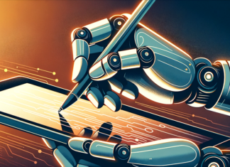Close-up vector design of a robot hand using a stylus on a tablet, capturing the precision of the interaction.