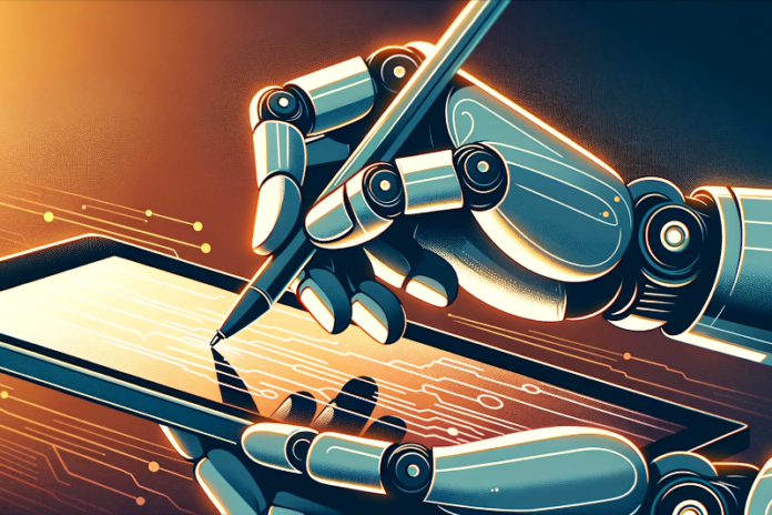 Close-up vector design of a robot hand using a stylus on a tablet, capturing the precision of the interaction.