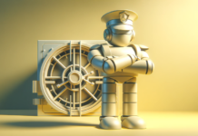 A futuristic robot with a security guard hat, standing imposingly with its arms crossed, guarding a data vault.