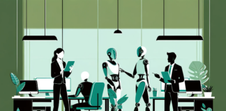 A minimalist illustration depicting a modern office setting with humans and robots working together.