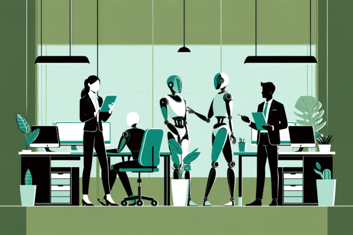 A minimalist illustration depicting a modern office setting with humans and robots working together.